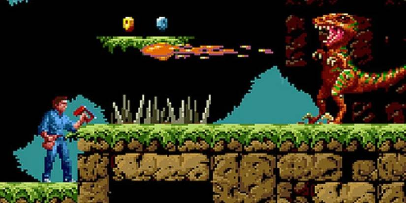 A pixelated Tim Taylor (Tim Allen) with a nail gun next to a fire breathing dinosaur in 'Home Improvement: Power Tool Pursuit' for the SNES