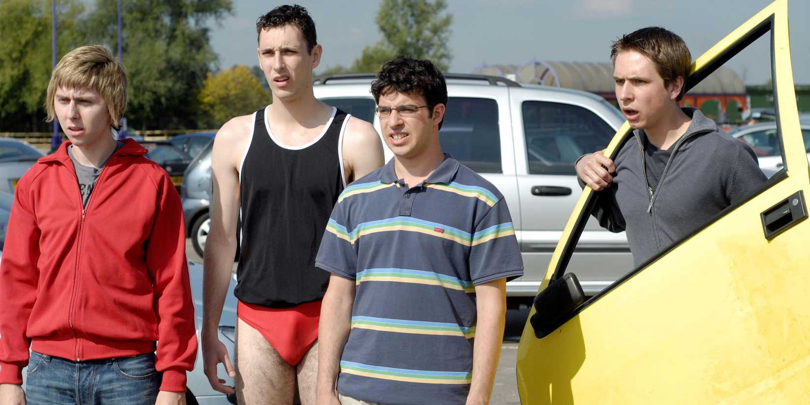 James Buckley as Jay Cartwright, Blake Harrison as Neil Sutherland, Simon Bird as Will McKenzie, and Joe Thomas as Simon Cooper in The Inbetweeners.