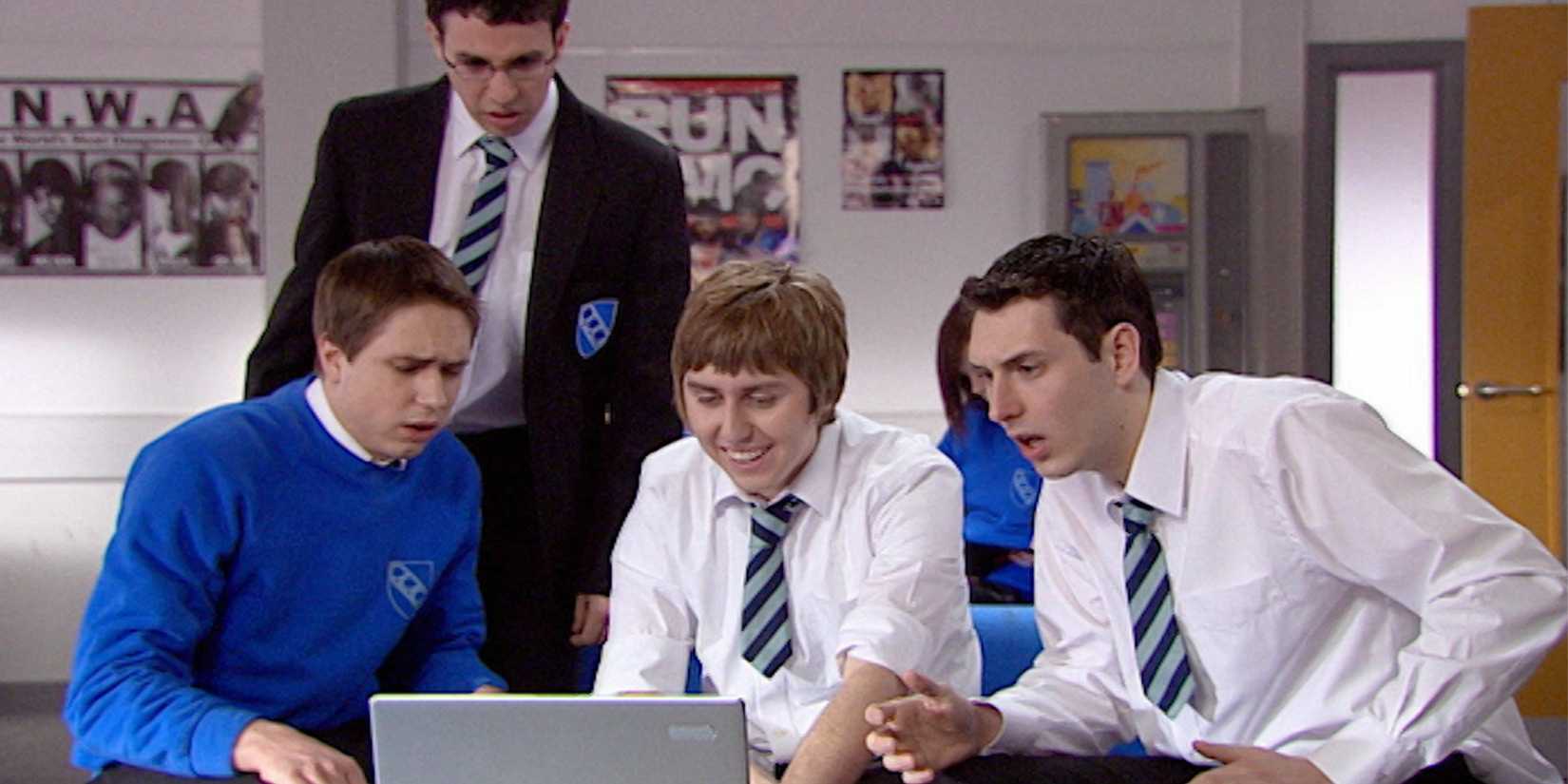 Joe Thomas as Simon Cooper, Simon Bird as Will McKenzie, Blake Harrison as Neil Sutherland, and James Buckley as Jay Cartwright in The Inbetweeners.