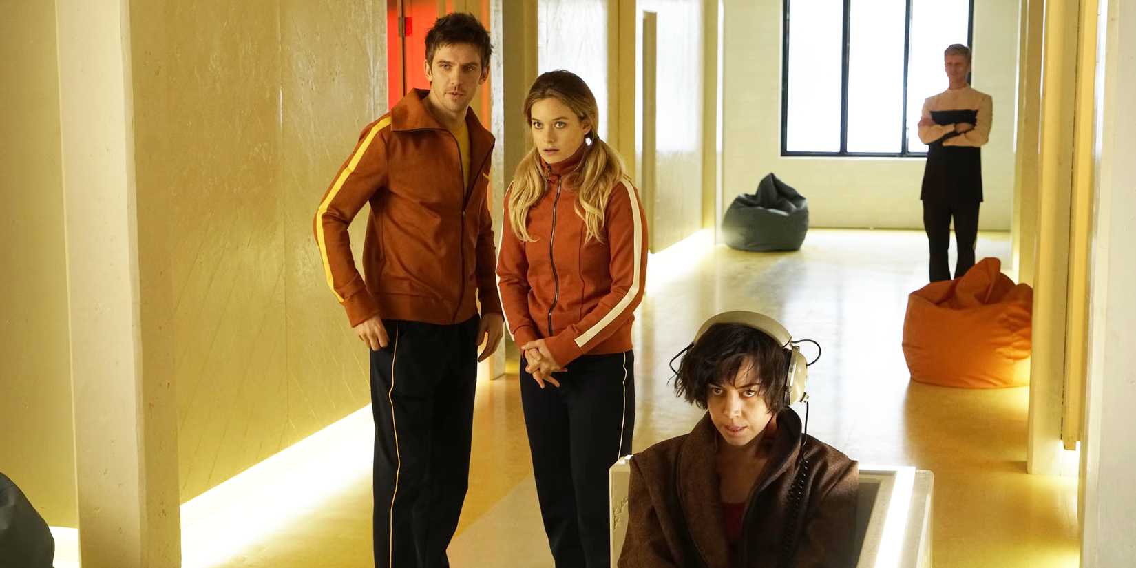 Dan Stevens as David Haller, Rachel Keller as Syd Barrett, and Aubrey Plaza as Lenny Busker in Legion.