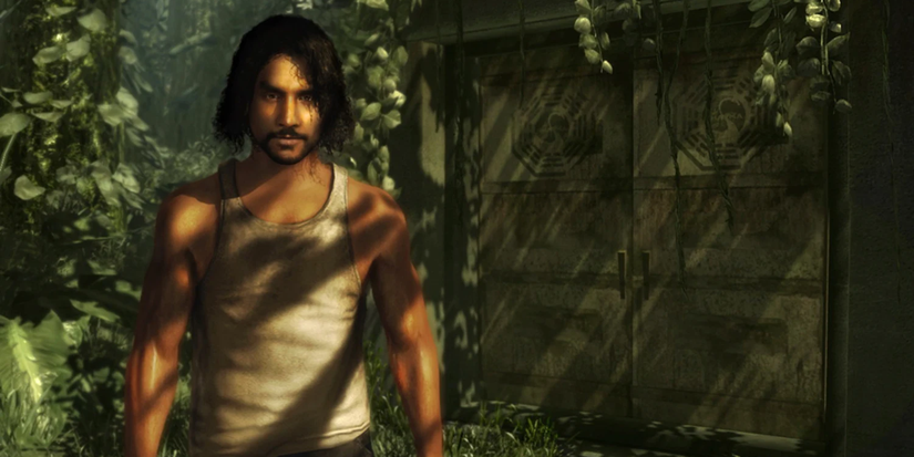 A man in the middle of the jungle next to some doors with mysterious symbols on them in the video game 'Lost: Via Domus'