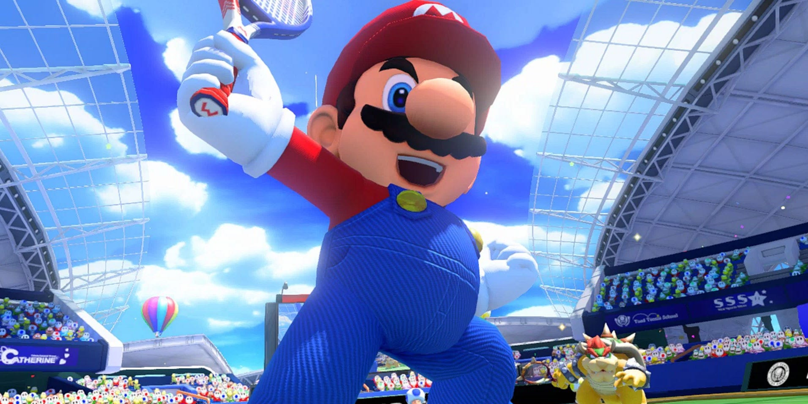 A giant Mario holding a tennis racket on a tennis court in 'Mario Tennis: Ultra Smash" for the Wii U