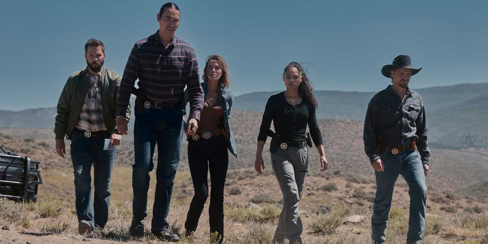 Pete "Cal" Calvin (Logan Marshall-Green), Miles Kittle (Tatanka Means), Belle Skinner (Arielle Kebbel), Andrea Cruz (Ash Santos), and Kayce Dutton (Luke Grimes) on 'Marshals'