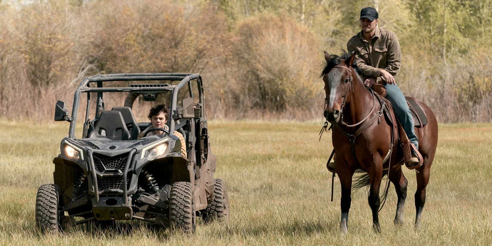 Luke Grimes as Kayce Dutton riding a horse next to Brecken Merrill as Tate in Marshals Season 2