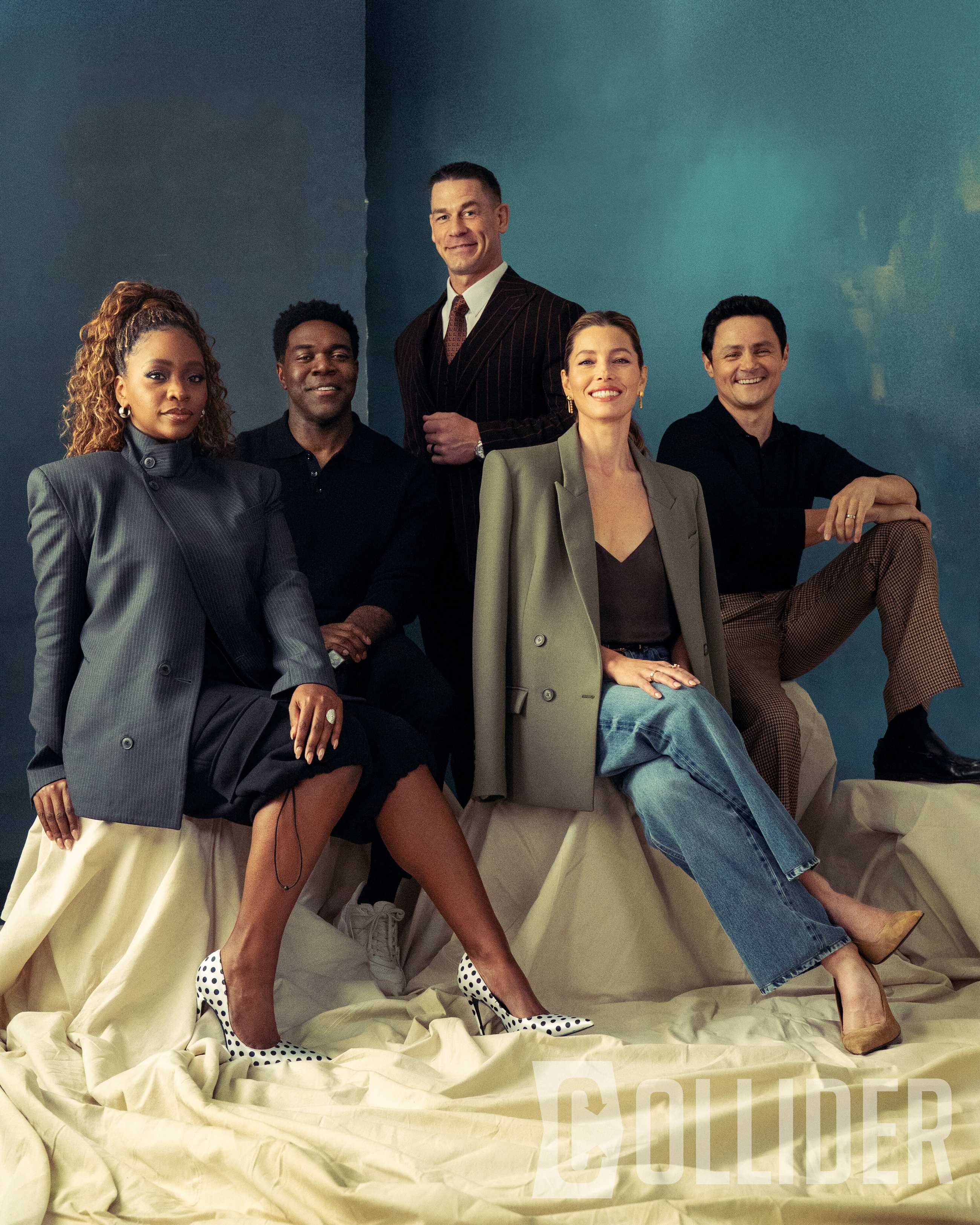 Teyonah Parris, from left, Sam Richardson, John Cena, Jessica Biel and Arturo Castro pose for Collider at the Waldorf Astoria in New York to promote their Apple TV film “Matchbox.” (Photo by Andrew Lipovsky for Collider)
