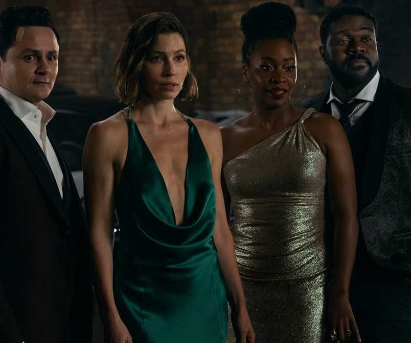 Arturo Castro, Jessica Biel, Teyonah Parris, and Sam Richardson in 'Matchbox: The Movie'