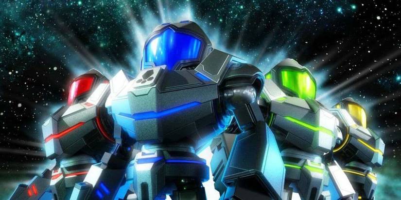 Four galactic federation members in different colored armor in 'Metroid Prime: Federation Force' for the Nintendo 3DS