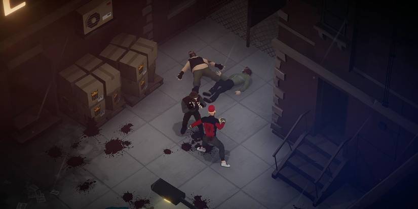 A view from above of a fight in a werehouse in the game midnight-fight-express