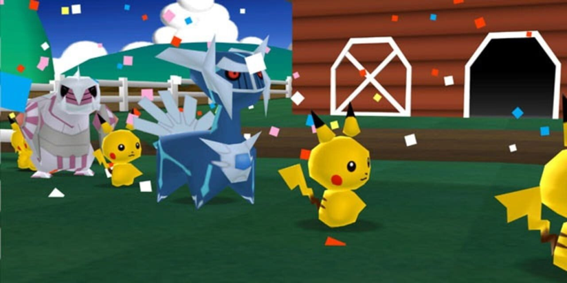 A line of Pikachu with a Dialga and a Palkia in front of a barn in 'My Pokemon Ranch'