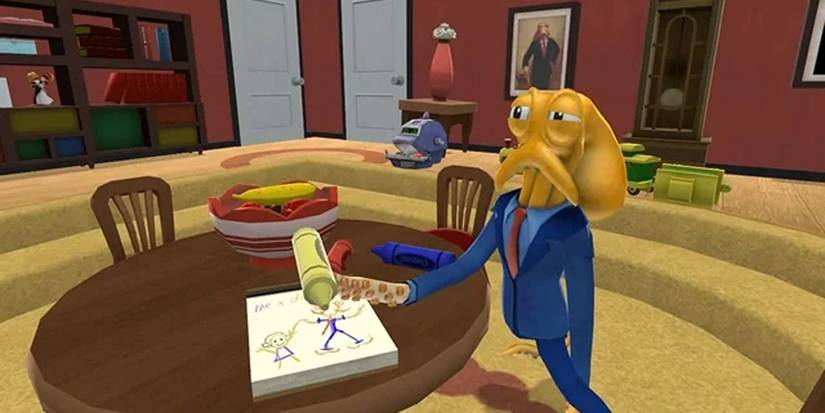 An octopus in a suit drawing a picture in the game Octodad: Dadliest Catch