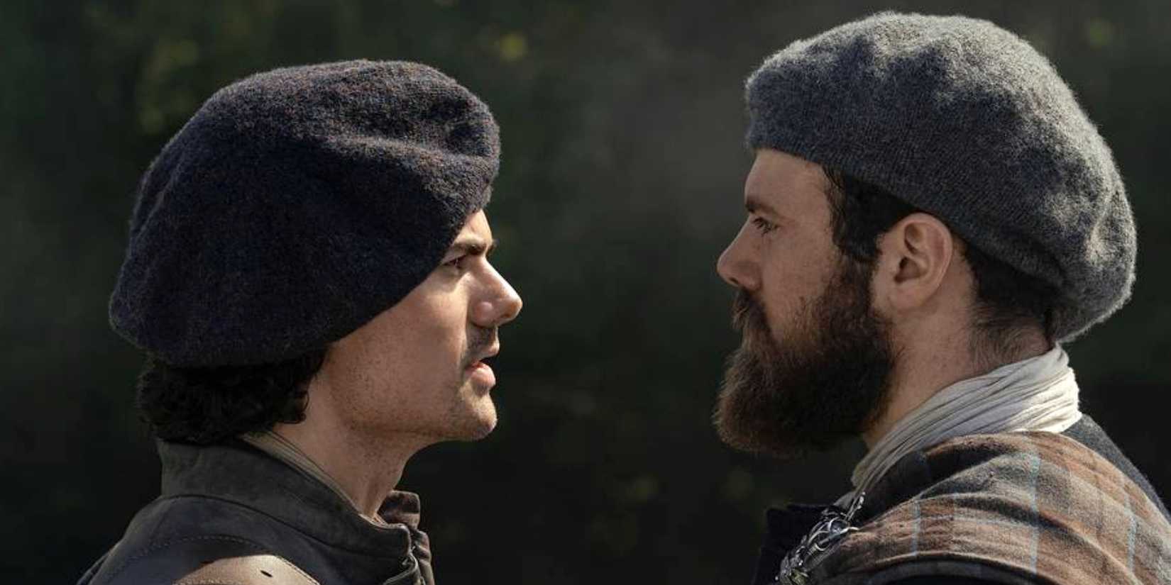 Jamie Roy as Brian standing close to Sam Retford as Dougal in Outlander: Blood of My Blood Season 2