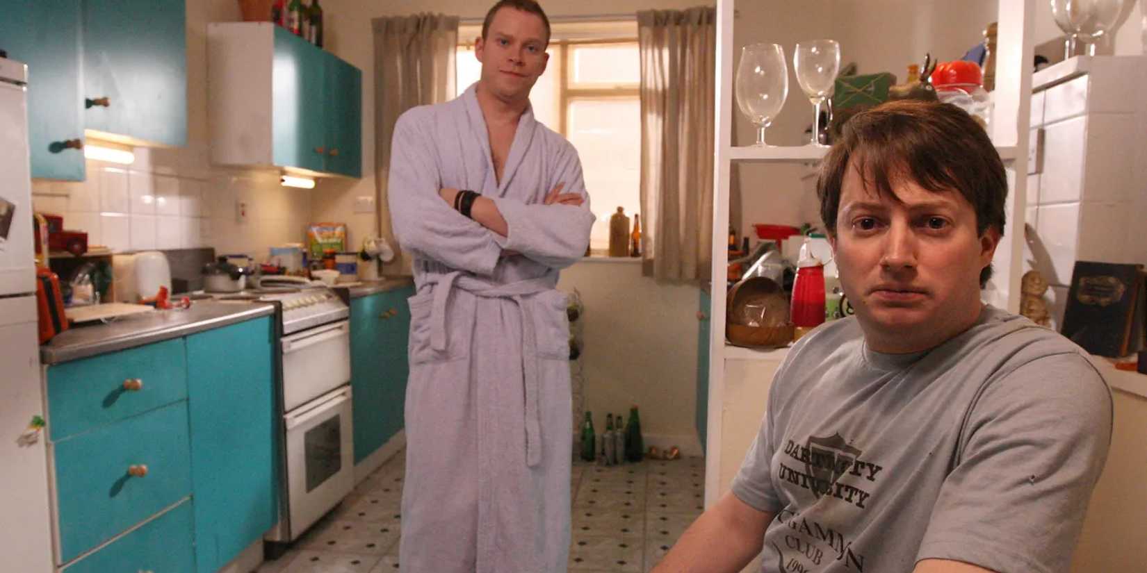 David Mitchell as Mark Corrigan and Robert Webb as Jeremy "Jez" Usborne in Peep Show.