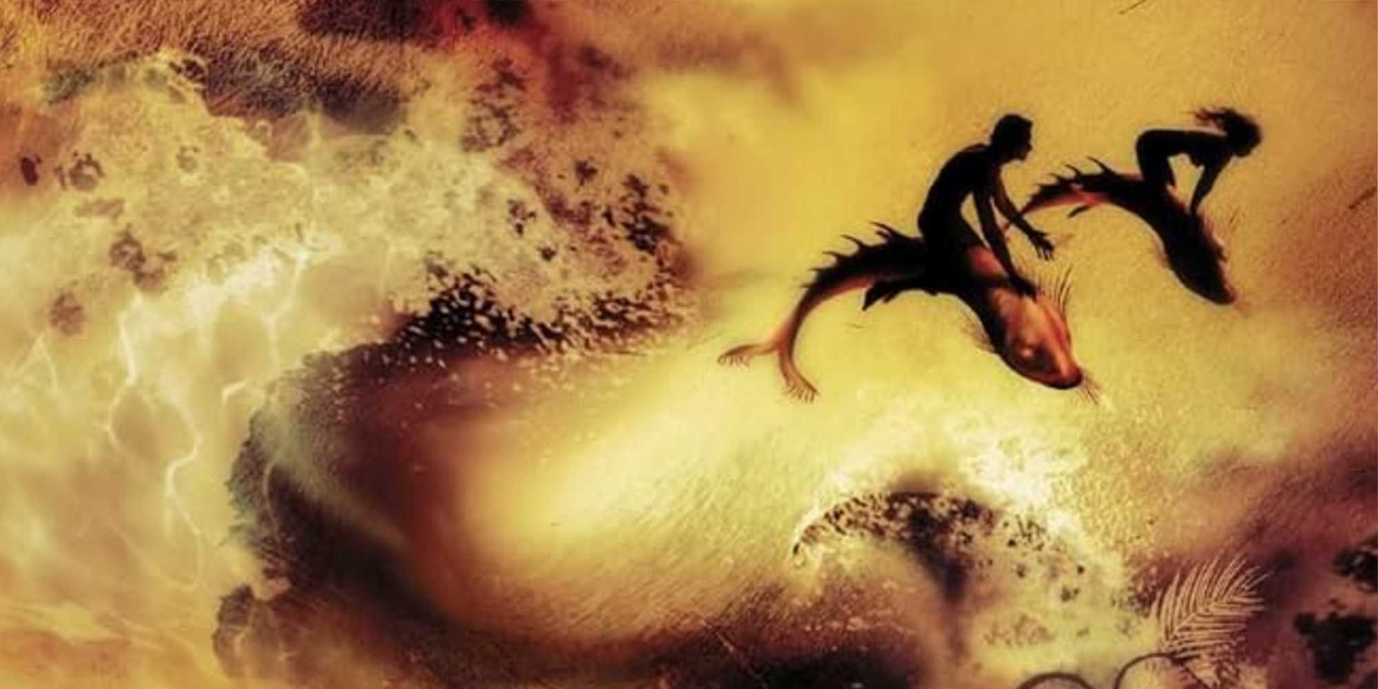 Elwin Ransom and the Queen ride on the back of sea creatures on the cover of 'Perelandra' by C.S. Lewis