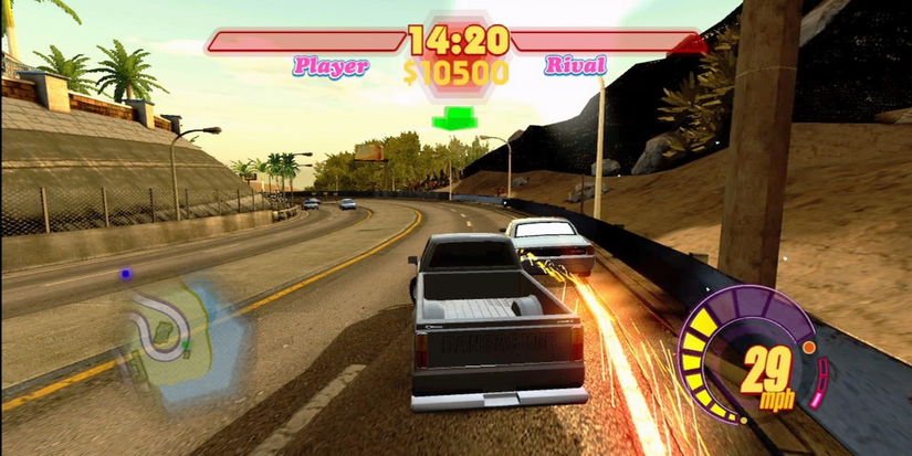 A pickup truck in the middle of a street race in the 'Pimp My Ride' video game for PlayStation 2