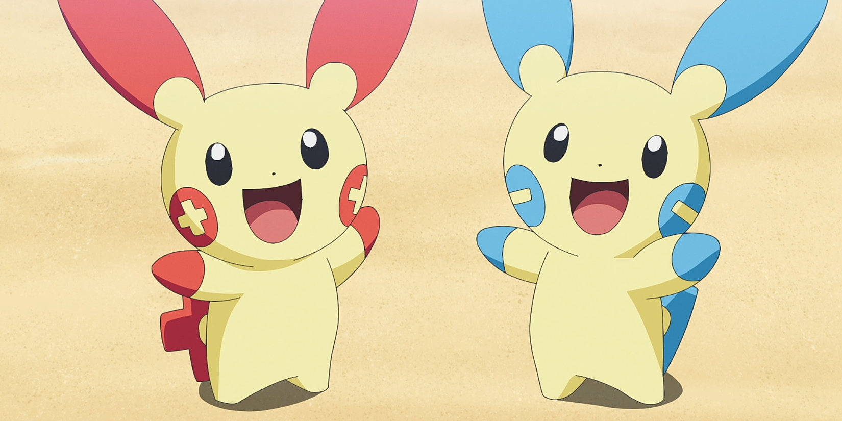Plusle and Minun stand together.