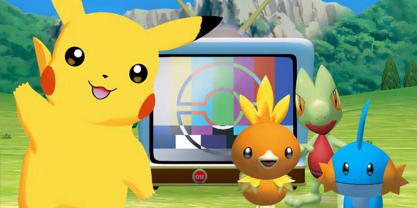 Pikachu, Torchic, Treecko, and Mudkip next to a television on the cover art for 'Pokemon Channel'