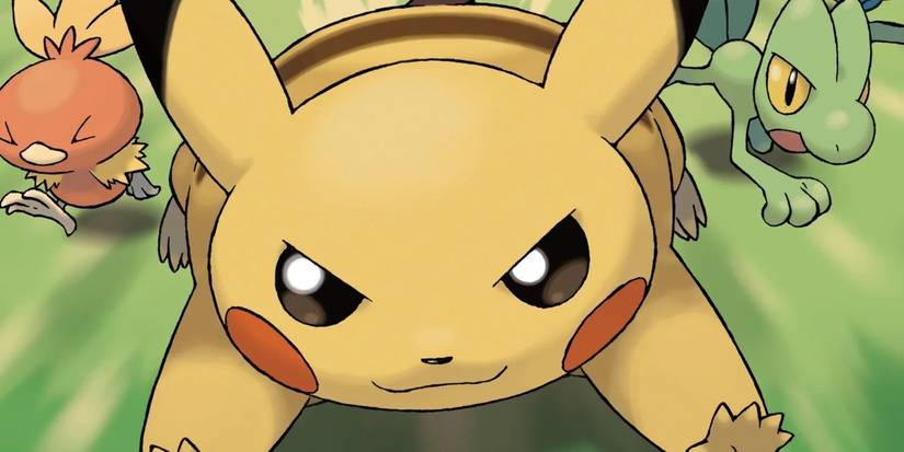 Pikachu running towards the camera next to Treecko and Torchic in the cover art to 'Pokemon Dash'