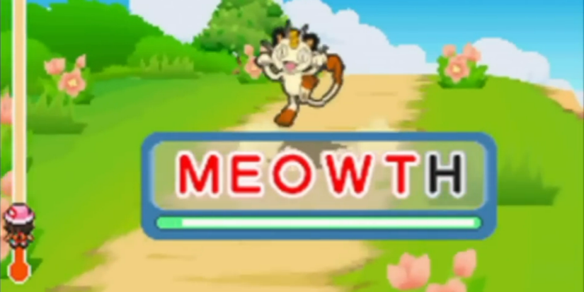 Meowth having its name typed out in 'Learning with Pokemon: Typing Adventure', a keyboard educational game released for Nintendo DS.