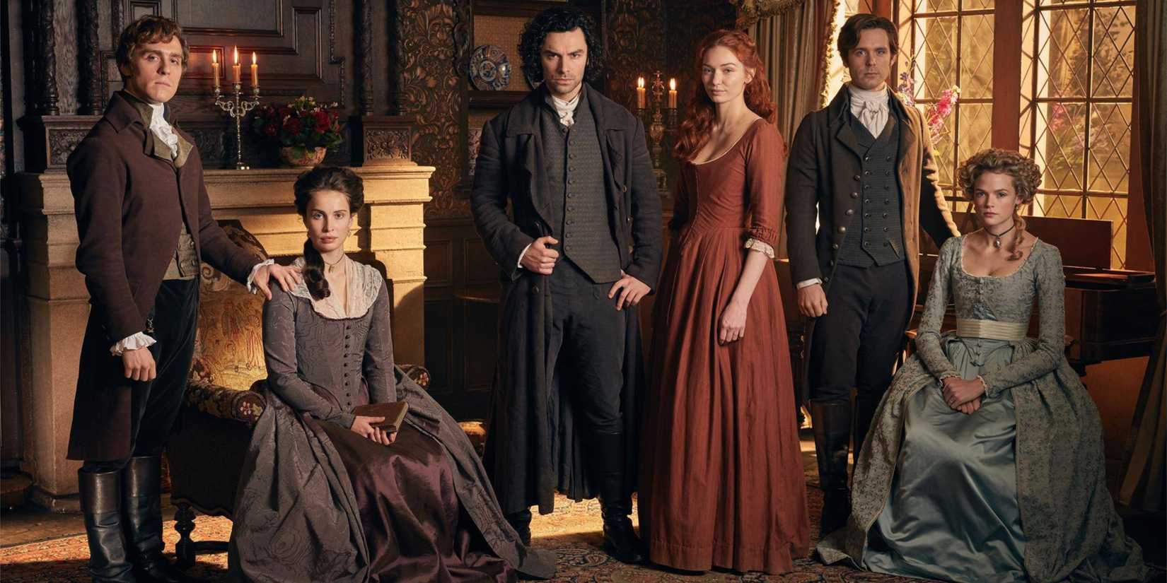 Jack Farthing as George Warleggan, Heida Reed as Elizabeth Chynoweth, Aidan Turner as Ross Poldark, Eleanor Tomlinson as Demelza Poldark, Luke Norris as Dwight Enys, and Gabriella Wilde as Caroline Pennevan in Poldark.