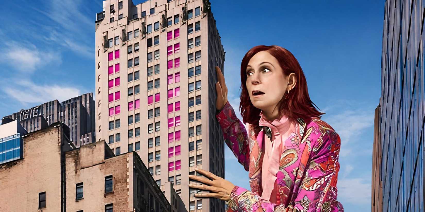 Promotional image for Elsbeth Season 4 with a giant Elsbeth (Carrie Preston) looking around a building.