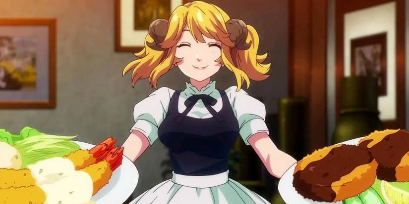 A maid with horns holding two plates of food in Restaurant to Another World