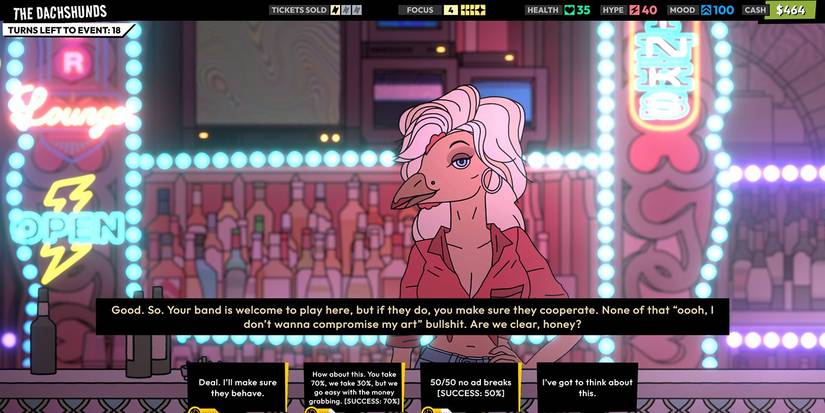 Striking a deal with a venue owner in 'Rockbeasts'