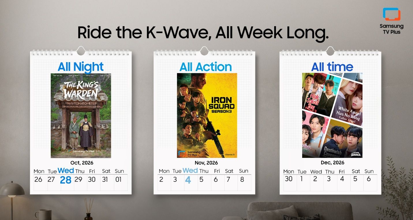 A graphic featuring key art for The King's Warden, Iron Squad, and microdramas coming to Samsung TV Plus