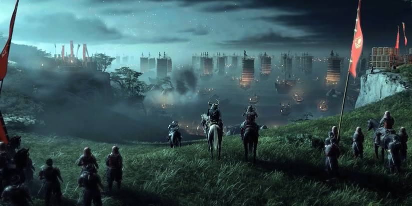 Samurai watching Mongol ships in opening of 'Ghost of Tsushima'