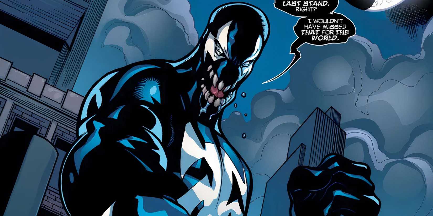 Scorpion Venom talking on a rooftop and pointing in Marvel Comics