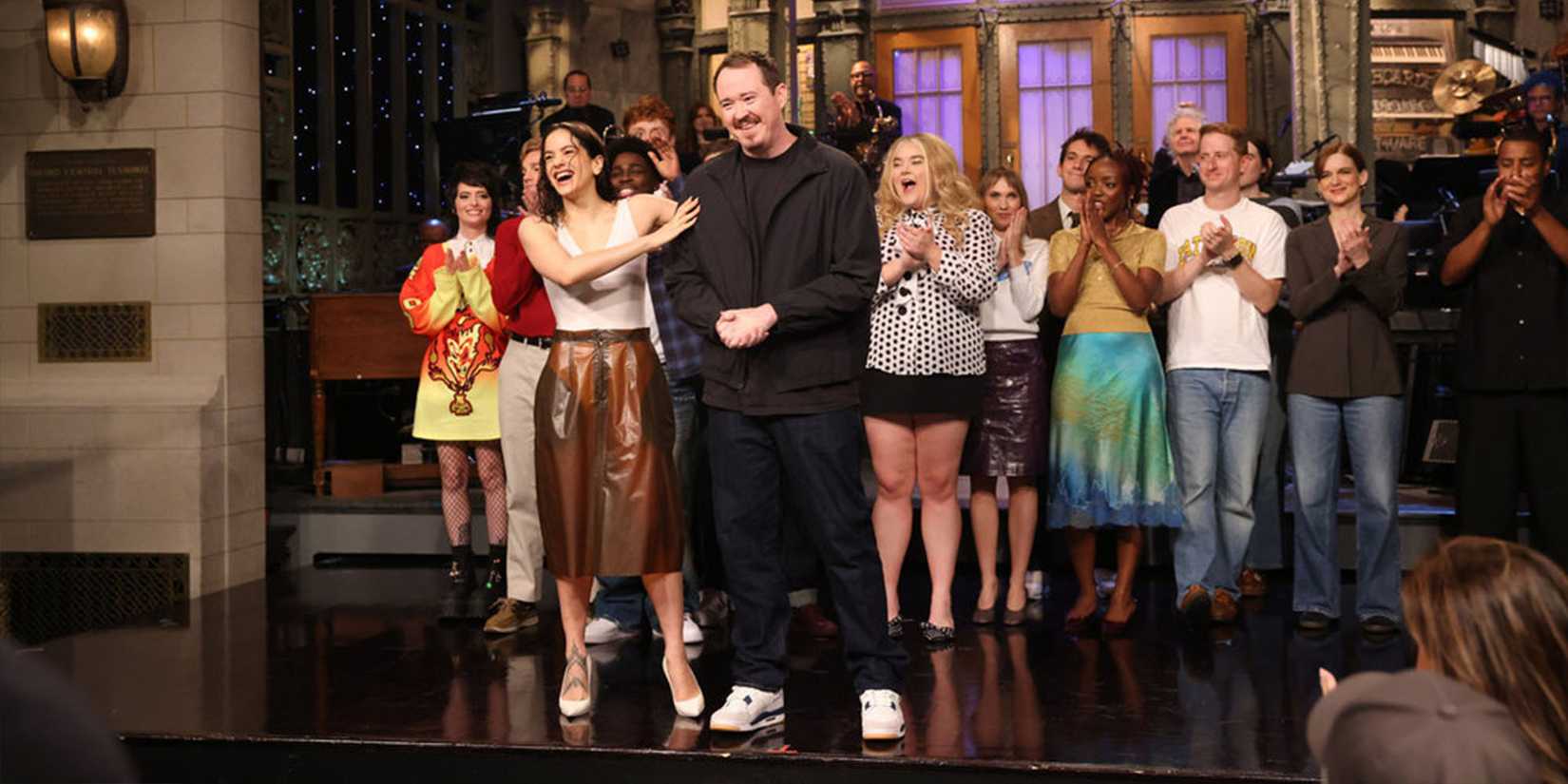 SATURDAY NIGHT LIVE -- Episode 1907 -- Pictured: (l-r) Musical guest Rosalía, and host Shane Gillis during Goodnights & Credits on Saturday, October 10, 2026 -- (Photo by: Will Heath/NBC)