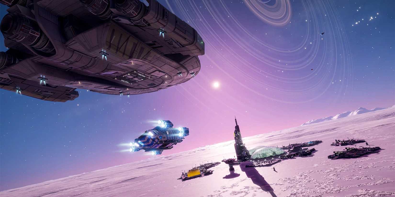 Spaceships over a planet in 'Elite Dangerous'
