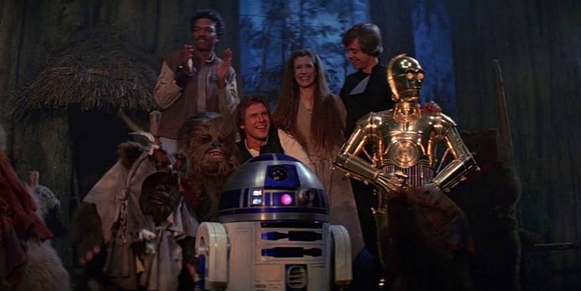The heroes celebrate their victory in the final scene of Star Wars: Episode VI — Return of the Jedi