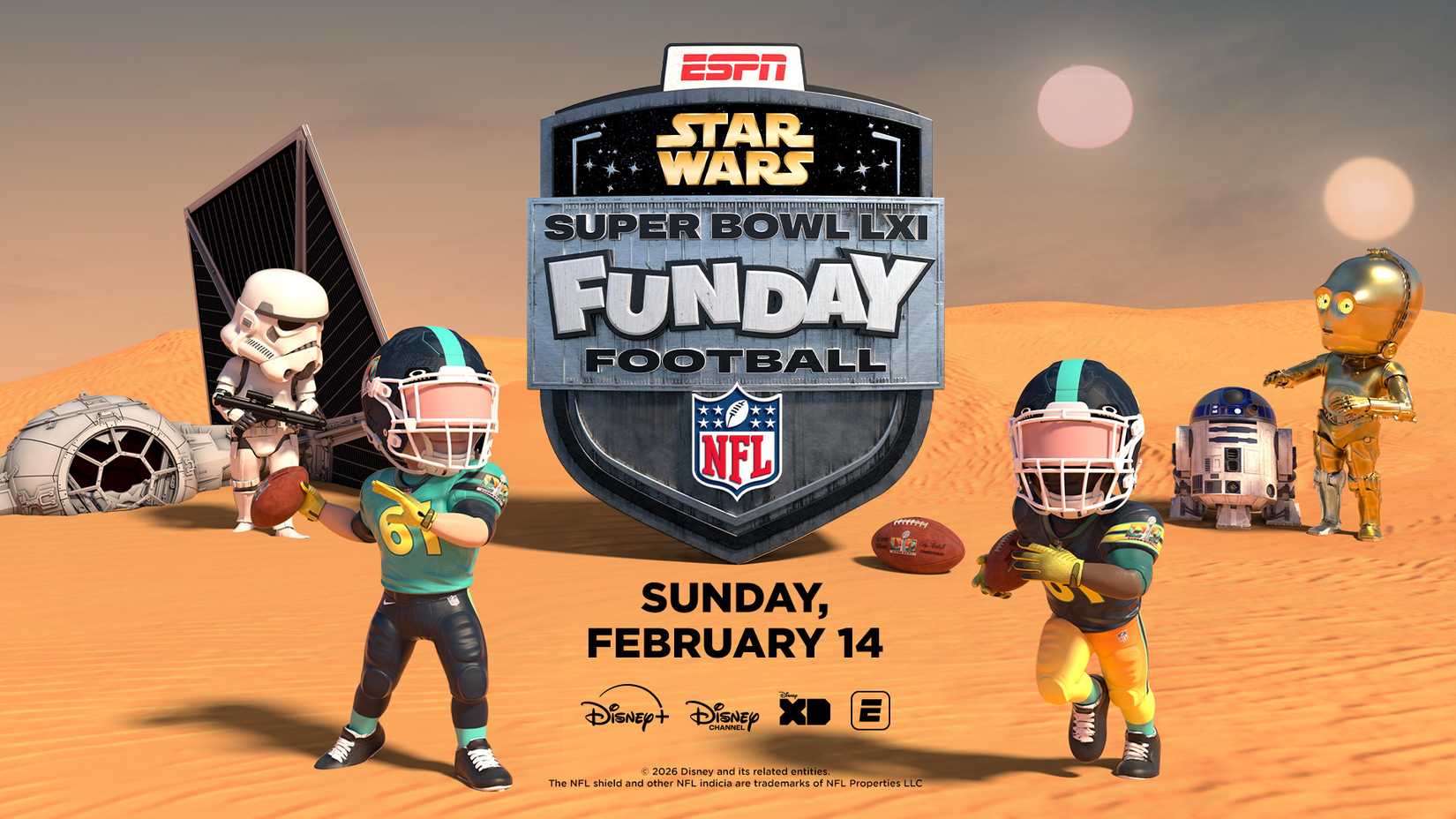 Football players, a storm trooper, and the droids on Tatooine in the Star Wars Super Bowl Funday Football key art