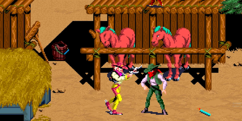Two wild west outlaws next to red horses in the arcade game 'Sunset Riders'