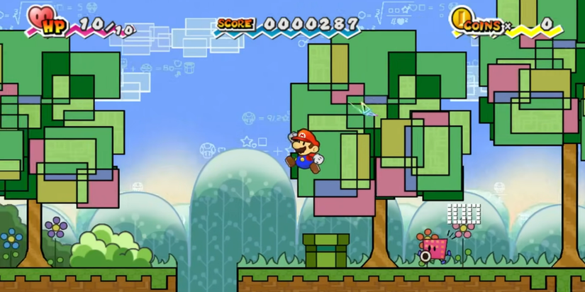 Paper Mario traversing through Lineland Road in 'Super Paper Mario' for the Nintendo Wii
