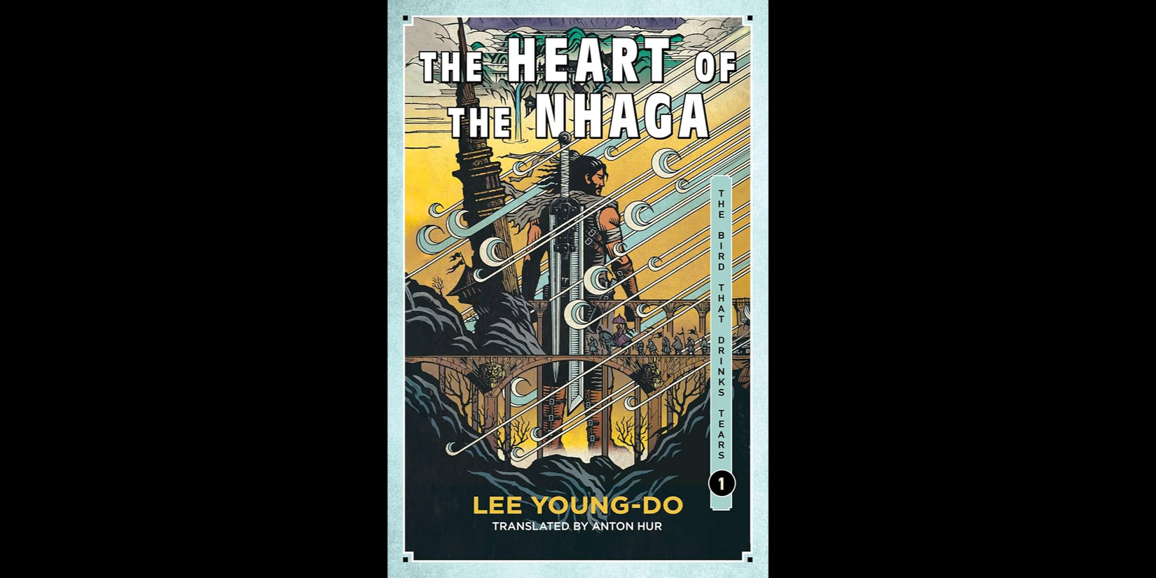 The illustrated cover features a warrior standing amid dark mountains and towering structures, surrounded by diagonal white lines and circular motifs against a yellow and teal background.