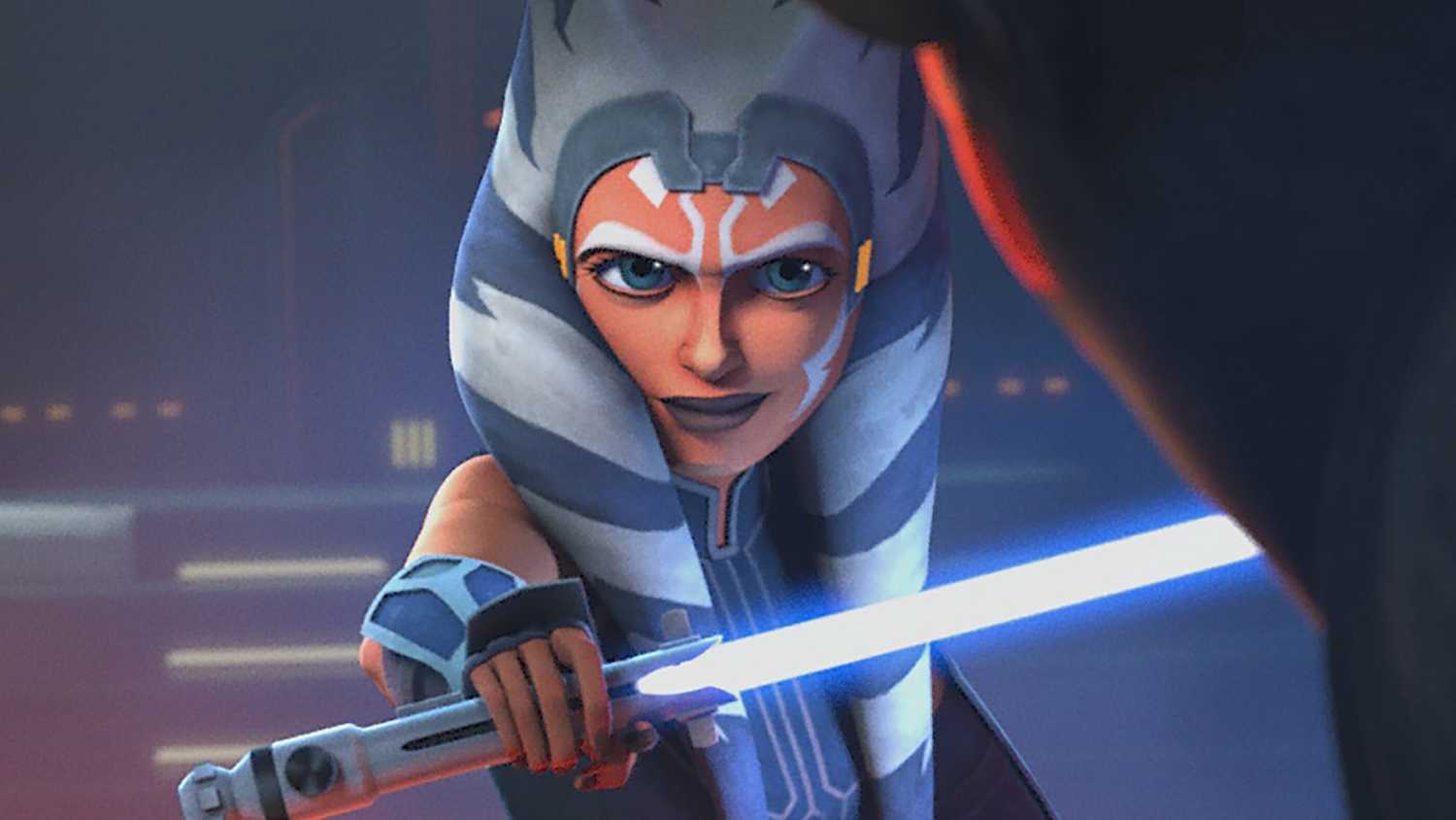 Ahsoka wielding a light saber in The Clone Wars.