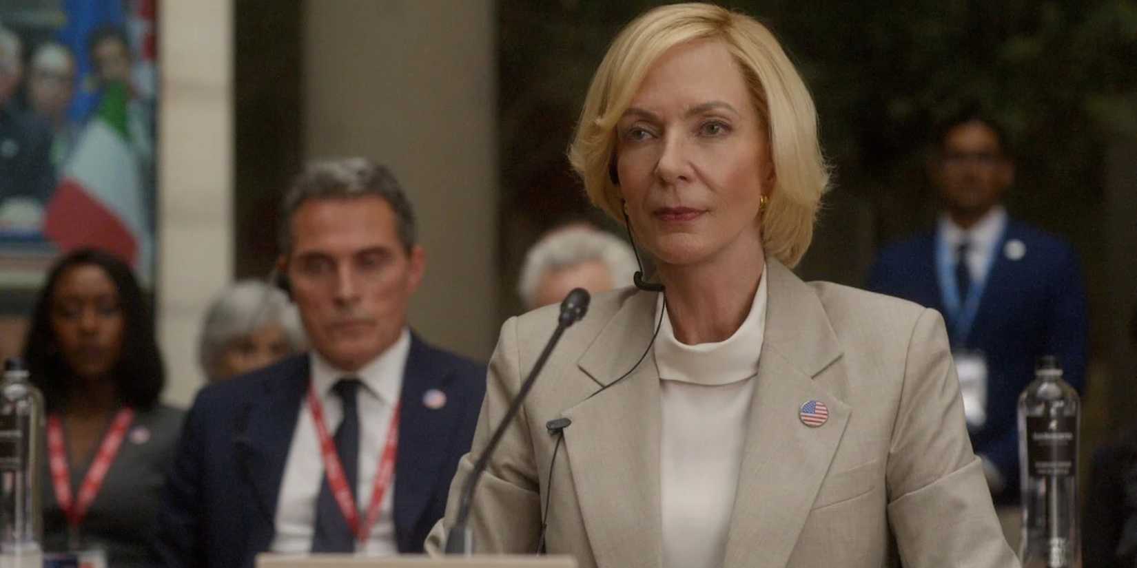Allison Janney as President Grace Penn at the G7 in 'The Diplomat' Season 4.