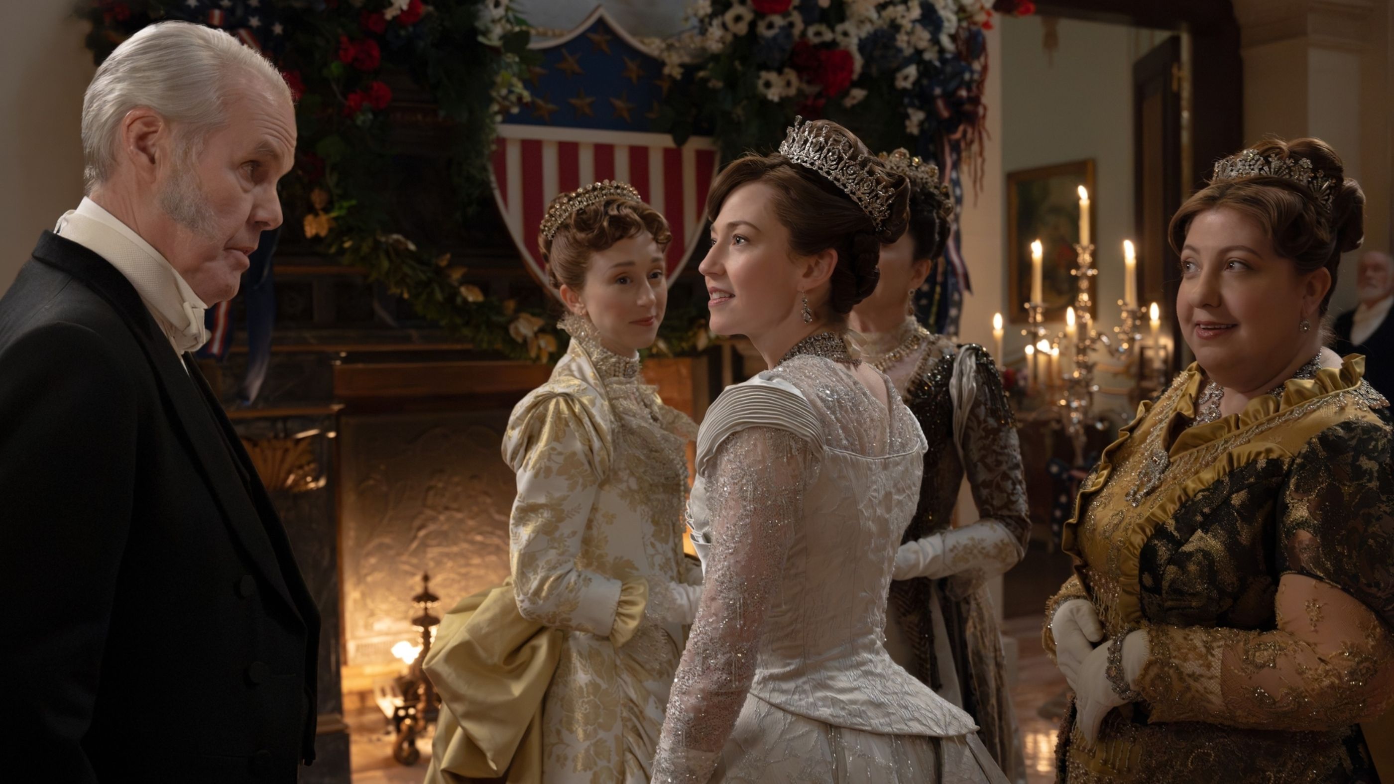 Carrie Coon, Jack Gilpin, Taissa Farmiga, and Ashlie Atkinson in The Gilded Age Season 4