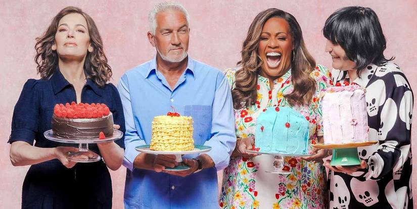Nigella Lawson, Paul Hollywood, Alison Hammond, and Noel Fielding holding cakes in promotion for Great British Bake-Off