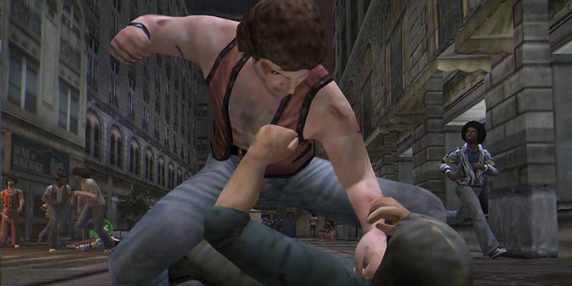 Ajax mounting and punching rival gang member in 'The Warriors' video game
