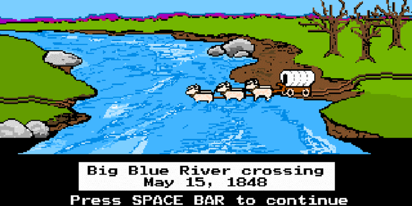 A carriage crossing the Big Blue River crossing on May 15th, 1848 in 'The Oregon Trail' (1985)