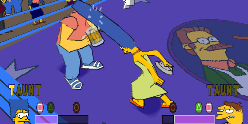 Marge Simpson attacking Barney Rubble with her hair in the middle of a wrestling ring in 'The Simpsons Wrestling' video game.