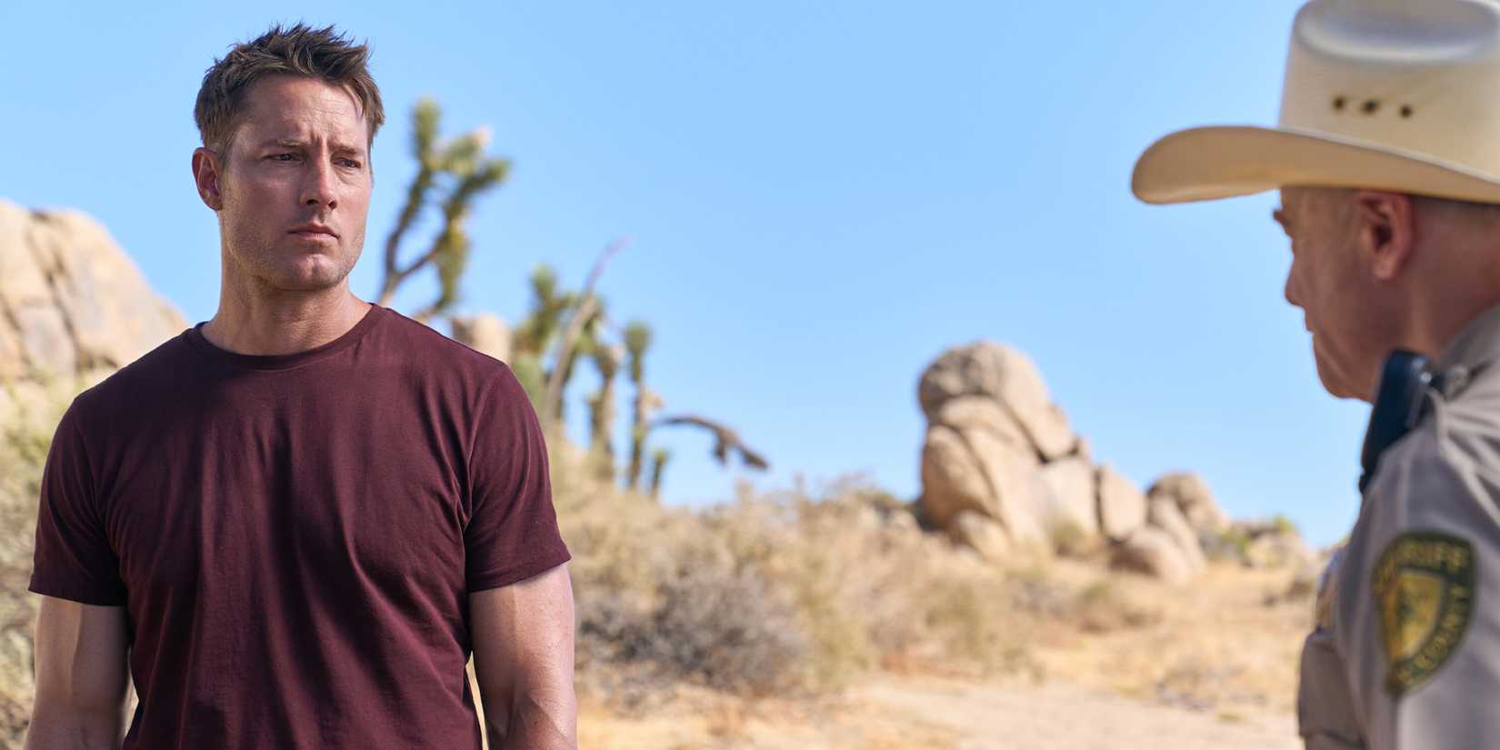 Colter Shaw (Justin Hartley) meets Sheriff John Danaher (Jim Meskimen) in the 'Tracker' episode "Original Parts"