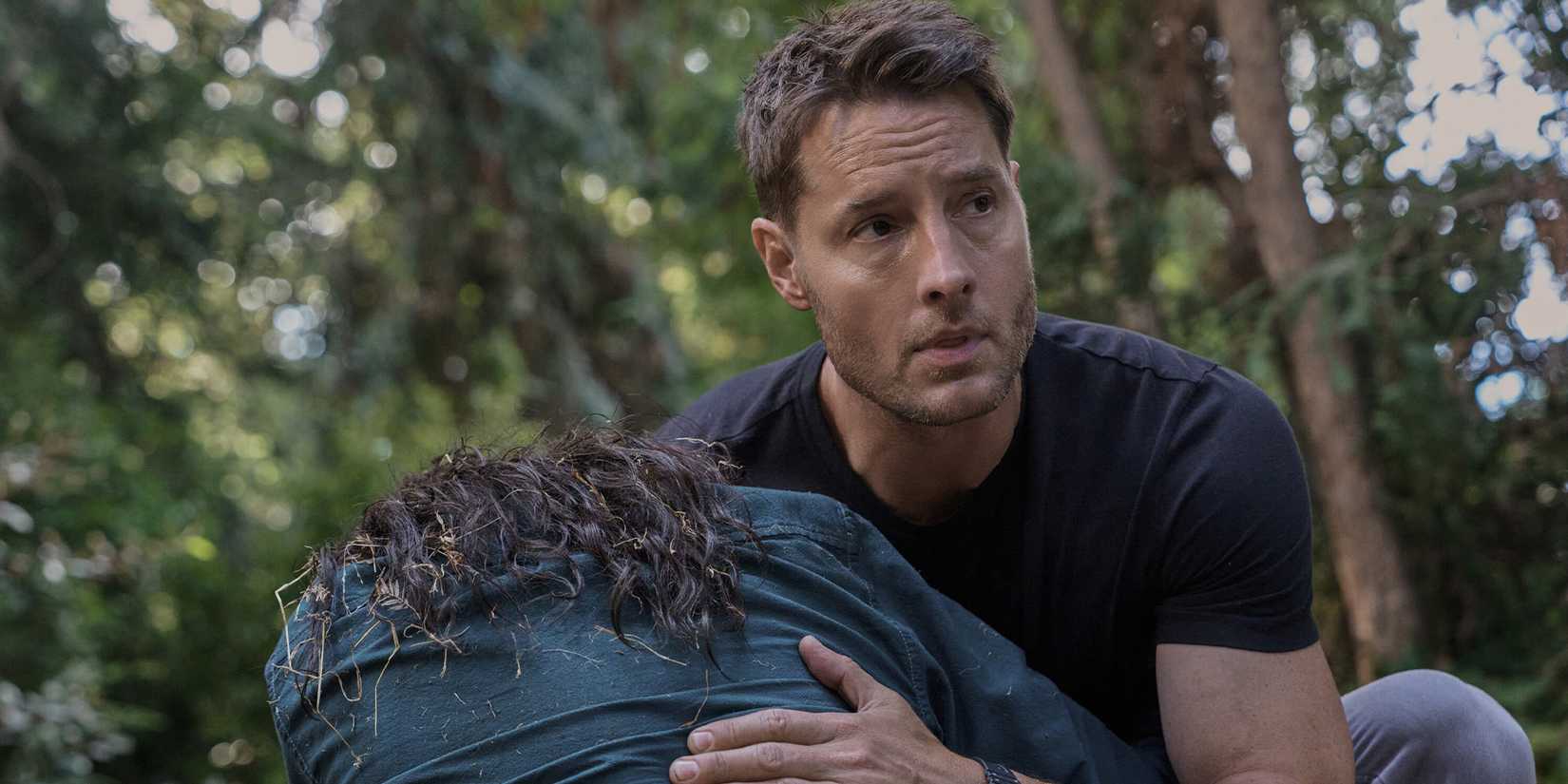 Justin Hartley as Colter Shaw protecting Jason Williams (Luca Diaz) in the 'Tracker' episode "Purification"