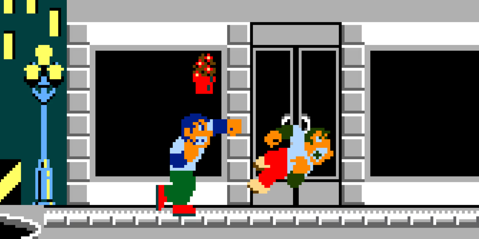 A man with blue hair punching another man in the middle of the street in 'Urban Champion' for the Nintendo Entertainent System