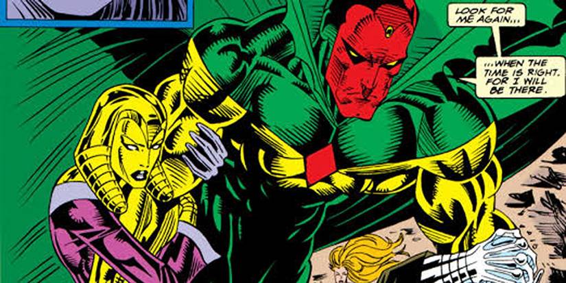 Vision flying away with Jocasta on his arm in Marvel Comics