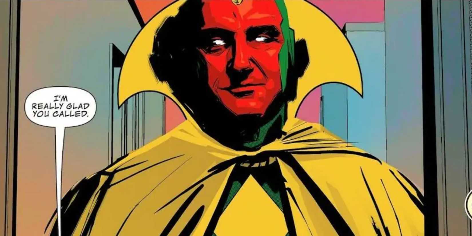 Vision standing in a doorway smiling in Marvel Comics