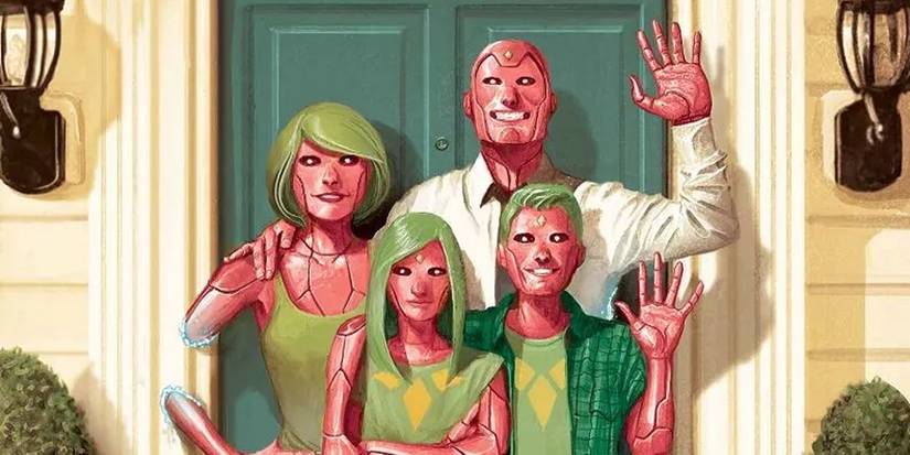 The Vision family standing in front of a house waving in Marvel Comics
