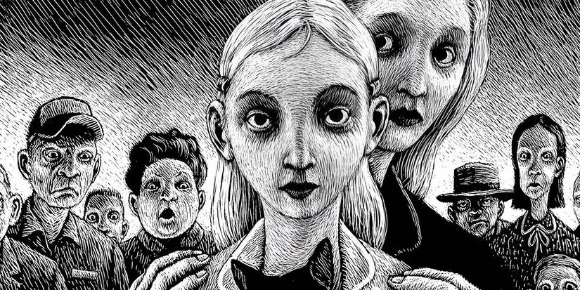 A black and white cover of We Have Always Lived in the Castle with Constance standing behind Merricat and holding her shoulders